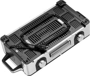 WMF Lono Master-Grill, parrilla eléctrica, 50x28 cm, parrilla de mesa eléctrica con protector contra el viento y bandeja de goteo, certificada para uso en exteriores, 2 superficies de cocción regulables por separado, 2400 W, acero inoxidable mate
