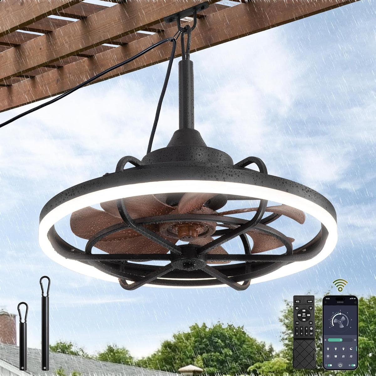Ventilador de techo para exteriores KZT con iluminación, resistente al agua IP65, lámpara de techo con ventilador, mando a distancia, silencioso, 6 velocidades, regulable, para terrazas, cenadores y jardines.