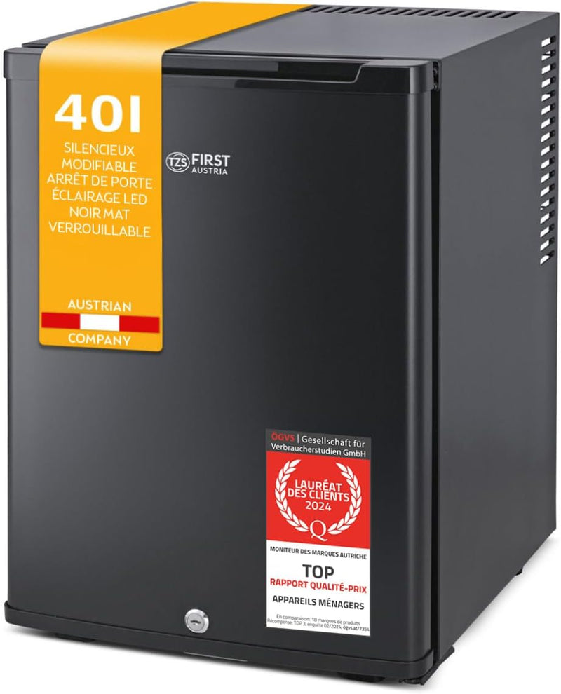 TZS First Austria - Mini refrigerador de 40L silencioso con cerradura - Pequeña mininevera con puerta reversible y luz interior - Minibar para camping, oficina, dormitorio y hotel - Negro mate