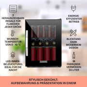 Mini nevera para bebidas Klarstein con puerta de cristal, 33 litros, silenciosa, interior y exterior, estantes ajustables, clase energética C