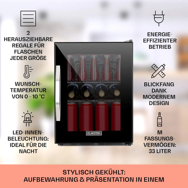 Mini nevera para bebidas Klarstein con puerta de cristal, 33 litros, silenciosa, interior y exterior, estantes ajustables, clase energética C