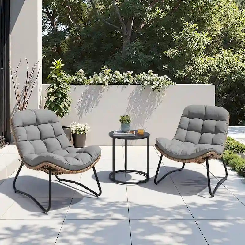 Sillas Papasan para exterior con cojín, sillas de patio acogedoras de ratán PE con mesa auxiliar