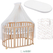 Cuna ovalada evolutiva Waldin, set completo 7 en 1, cuna de barrotes, cama infantil con colchón, cambiador, cuna colecho, madera blanca