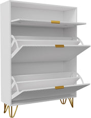 Zapatero blanco con diseño ondulado, zapatero estrecho con 2 puertas abatibles y 1 estante, 80x24x118,5 cm, armario de recibidor moderno con patas de metal dorado, estantería para zapatos que ahorra espacio para pasillo y entrada