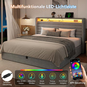 Cama FEONASE 180x200 con almacenamiento, cama tapizada de 180x200 cm con iluminación LED y estación de carga, estructura de cama con elevación hidráulica y cabecero de lino con almacenamiento, somier, sin colchón, gris claro