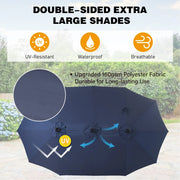 Sombrilla de mercado para exteriores rectangular de 15 pies, de doble cara, con manivela, luces LED solares y base incluida