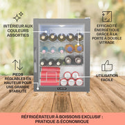 KLARSTEIN Mininevera para dormitorio y oficina, silenciosa, nevera bar 60L, para camping, estantes ajustables, ondulados para vino, latas, frigorífico de cerveza