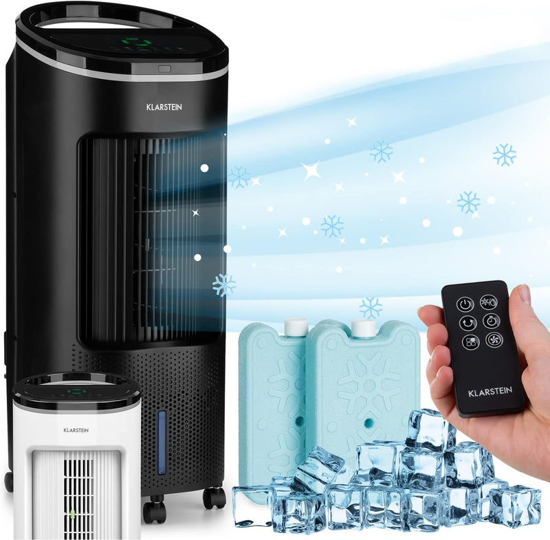 Enfriador de aire Klarstein con refrigeración por agua, enfriador evaporativo 4 en 1 silencioso, humidificador, ventilador y modo nocturno, aire acondicionado portátil de 7 L, enfriador de aire de 65 W, flujo de aire refrigerante de 330 m³/h