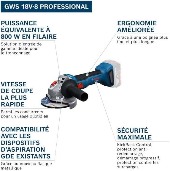 Amoladora angular a batería Bosch Professional 18V System GWS 18V-8 (diámetro del disco 125 mm, con 2 baterías GBA 5,0 Ah, cargador GAL 18V-40, L-BOXX)