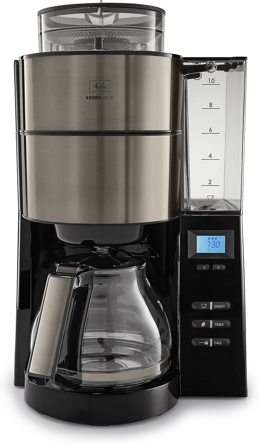 Melitta AromaFresh - Cafetera de filtro - con jarra de cristal - molinillo integrado - función de temporizador - 10 tazas - Negro puro