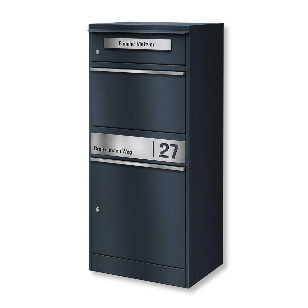 Metzler Paketbox Bispo 2, buzón con compartimento grande para paquetes, antracita, personalizado, grabado, acero inoxidable macizo para exteriores