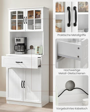 VASAGLE Armario de cocina, armario multiusos, armario de despensa, con estantes ajustables, apto para microondas, cajón, puertas de cristal, orificio para cables, estilo moderno, blanco LSC361W21