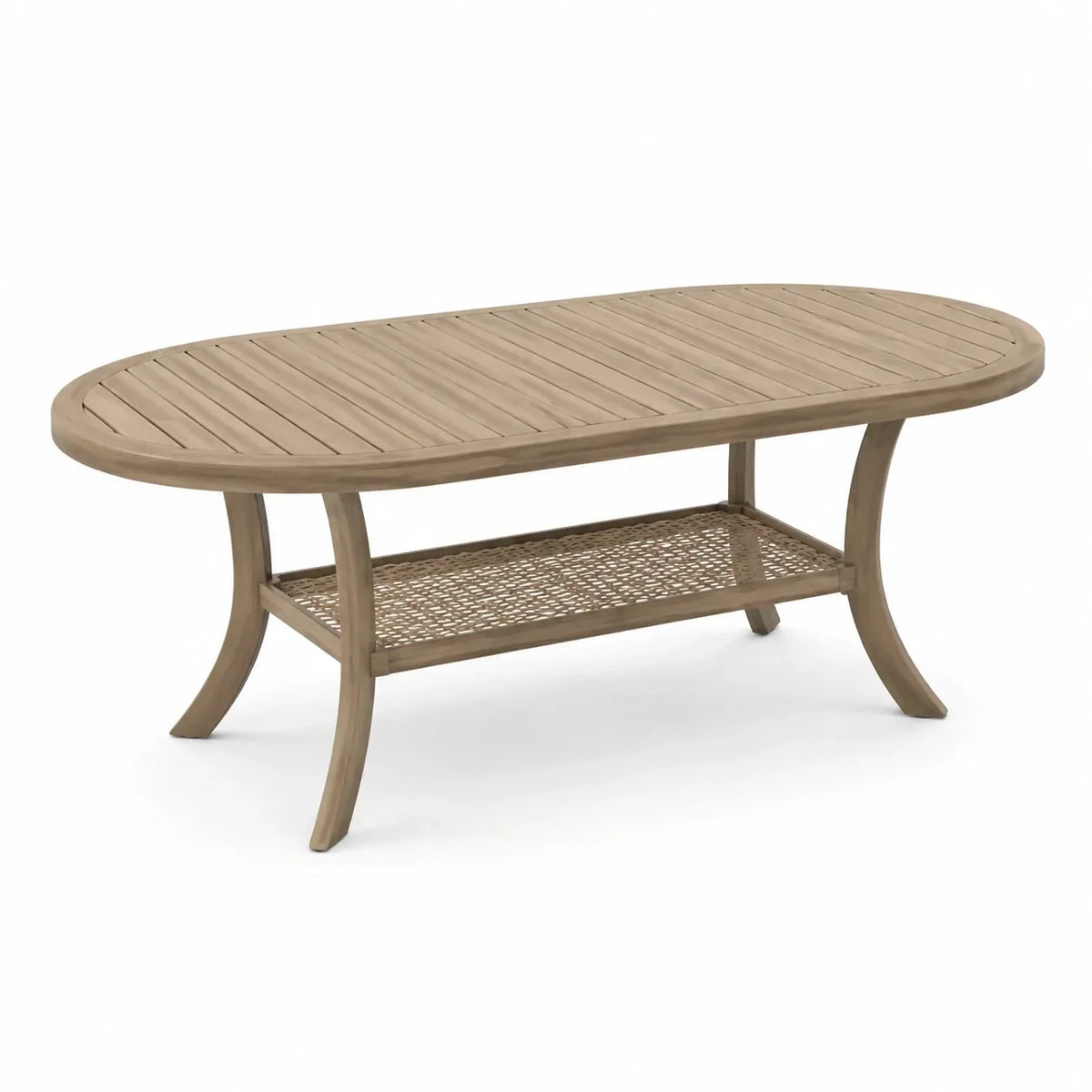 Mesa ovalada de madera de teca con estante de ratán, marrón