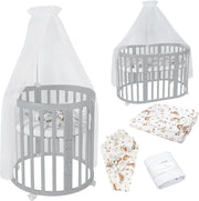 Cuna ovalada evolutiva Waldin, set completo 7 en 1, cuna de barrotes, cama infantil con colchón, cambiador, cuna colecho, madera blanca