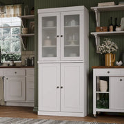 Alacena de madera maciza 100% con puertas de vidrio esmerilado, puertas sólidas, 2 cajones y estantes ajustables