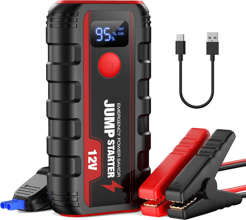 Arrancador de baterías para coche y moto - Arrancador portátil 12V 2000A para motores de gasolina de hasta 6.0L y diésel de hasta 5.5L con pinzas inteligentes y LED