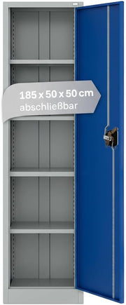 LagerZwei Armario multiusos 185x50x50cm I Armario metálico, 4 estantes I Archivador con cerradura I Armario multiusos robusto como taquilla, armario de taller y armario de sótano I Armario de acero azul y blanco