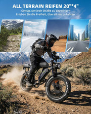 Bicicleta eléctrica OUXI E-Bike con motor de 250 W, Fatbike de 20" x 4.0, frenos de disco hidráulicos, desbloqueo NFC, par de 60 Nm y portaequipajes delantero y trasero