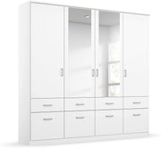 Armario de puertas batientes Rauch Möbel Bremen, armario ropero en blanco con 2 espejos y 8 cajones, 4 puertas, incluye paquete de accesorios Basic, 1 barra de armario, 4 estantes, ancho x alto x profundidad 181x199x58 cm