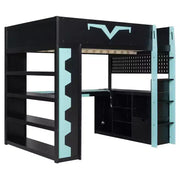 Cama tipo loft para juegos Luxystar Modern con escritorio iluminado, bandeja para teclado, tablero perforado y estantería de almacenamiento