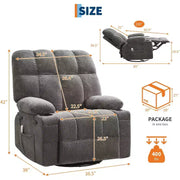 Sillón reclinable extragrande para adultos, sofá mecedor giratorio manual, bolsillos laterales y portavasos para personas altas y grandes, sala de estar