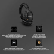 Auriculares inalámbricos Bluetooth Marshall Monitor II con cancelación activa de ruido híbrida, tipo diadema, 30 horas – Negro
