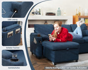 DURASPACE Sofá cama extraíble 2 en 1, sofá seccional con almacenamiento, USB, portavasos, función de dormir y arcón, sofá esquinero con espacio de almacenamiento para apartamento, sala de estar (azul)