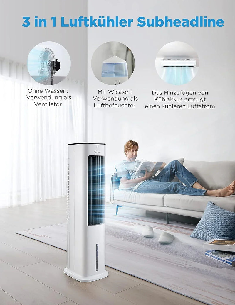 Enfriador de aire Midea con refrigeración por agua, aire acondicionado portátil, ventilador con depósito de 5 L, humidificador e ionizador, aire acondicionado sin tubo de escape, 355 m³/h, ventilador con mando a distancia, 55 W, blanco