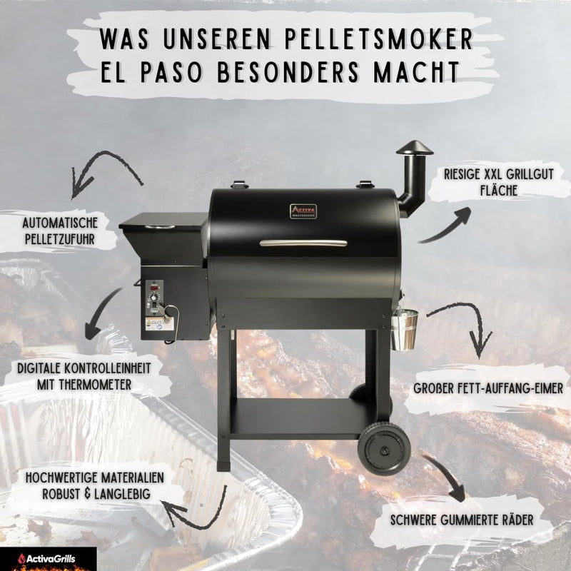 Ahumador de pellets ACTIVA El Paso I Ahumador con alimentación automática de pellets y termómetro I Parrilla de acero inoxidable para barbacoa y ahumado