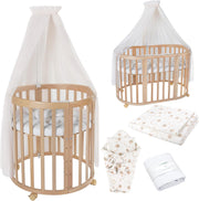 Cuna ovalada evolutiva Waldin, set completo 7 en 1, cuna de barrotes, cama infantil con colchón, cambiador, cuna colecho, madera blanca