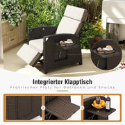 Tumbona relax Amopatio, sillón reclinable, tumbona de ratán con respaldo ajustable y mesa plegable, sillón de jardín para exteriores resistente a la intemperie, para terraza, jardín, balcón – Beige y marrón