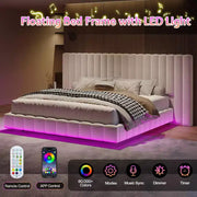 Cama de plataforma tapizada AMERLIFE con luces LED, diseño flotante, soporte de listones sólidos