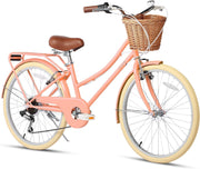 Glerc Missy 20, 24, 26 pulgadas bicicleta híbrida urbana tipo crucero para niñas, de 6 velocidades, con cesta de mimbre, para jóvenes mayores de 6 años, varios colores