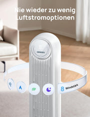 Ventilador de torre inteligente Dreo, 20 dB ultra silencioso, alcance de 10 m, 4 velocidades, 4 modos, temporizador de 8 h, oscilación de 90°, ventilación con refrigeración, Wi-Fi y mando a distancia para dormitorio, Nomad OneS, blanco