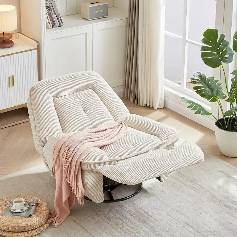 Sillón reclinable giratorio de pana con deslizamiento, reposapiés para sala de estar