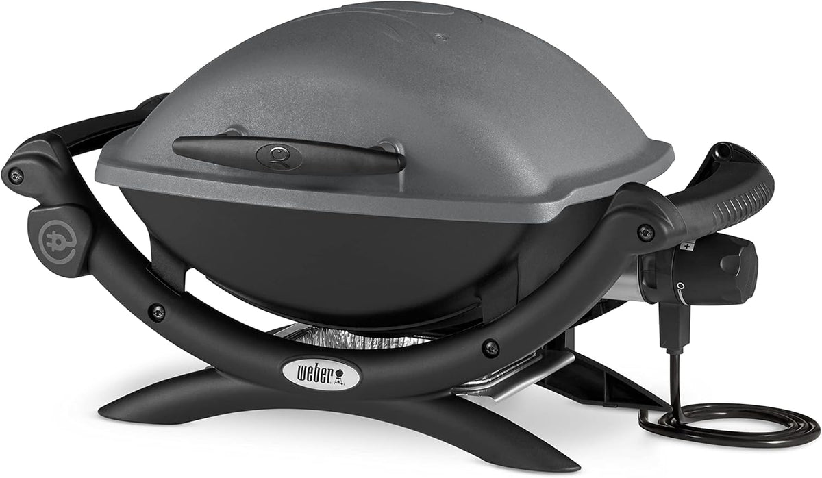 Barbacoa eléctrica Weber Q1400, superficie de cocción de 43 x 32 cm, barbacoa portátil, rejilla de cocción de hierro fundido vitrificado dividida en 2, tapa y cuerpo de aluminio fundido - Gris oscuro (52020079)