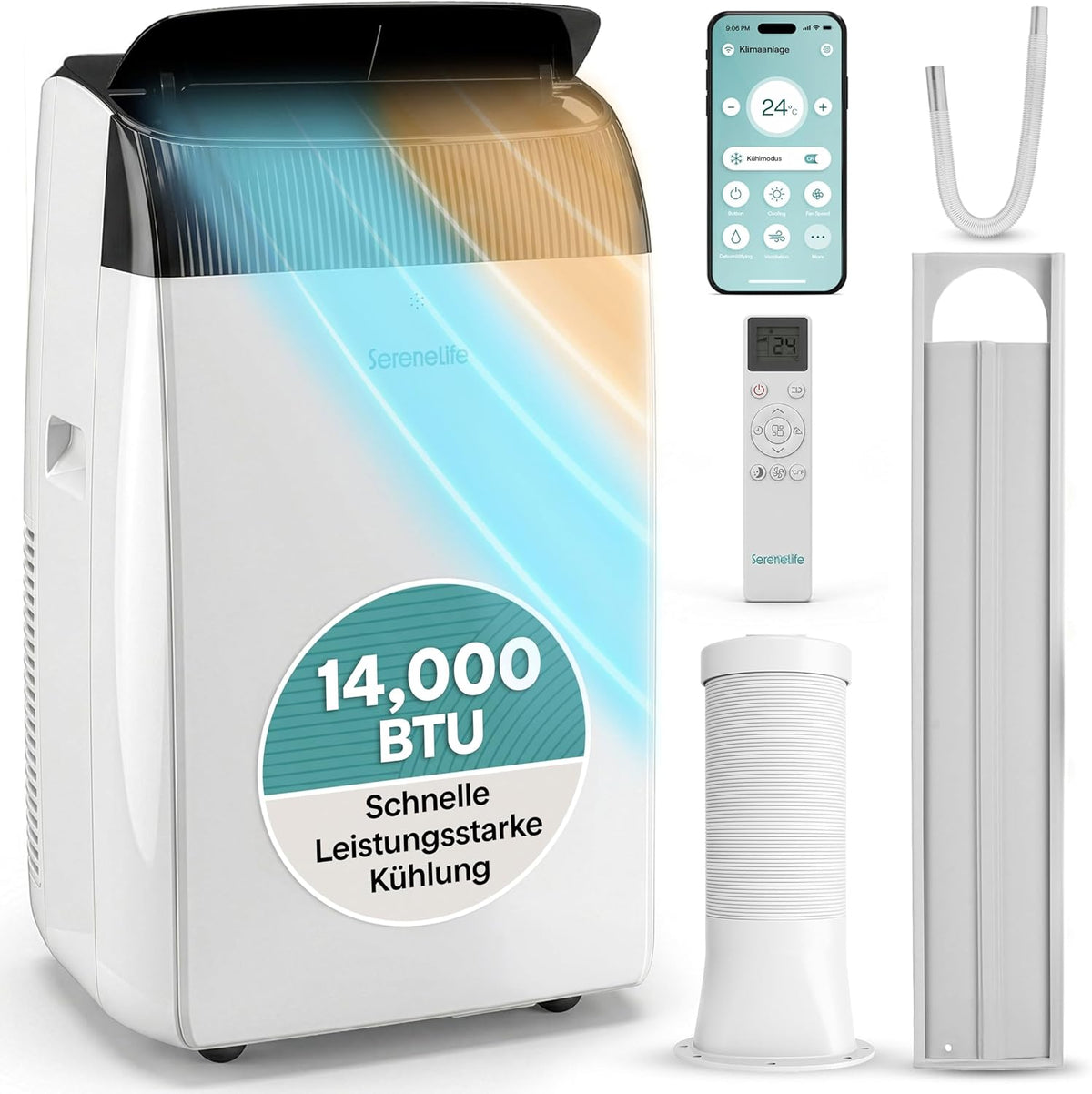 SereneLife Klimaanlage Mobil- mit Abluftschlauch 14000 BTU 2,9kW, 4-in-1 Klimagerät-Kühlen Heizen Ventilieren und Entfeuchten, WLAN- Steuerung, Digitaldisplay, 24h- Timer, bis 45 m²