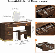 Tocador Homary con espejo, iluminación, estación de carga USB y espacio de almacenamiento, elegante tocador moderno con espejo iluminado de 3 modos y expositor de joyas integrado, nogal