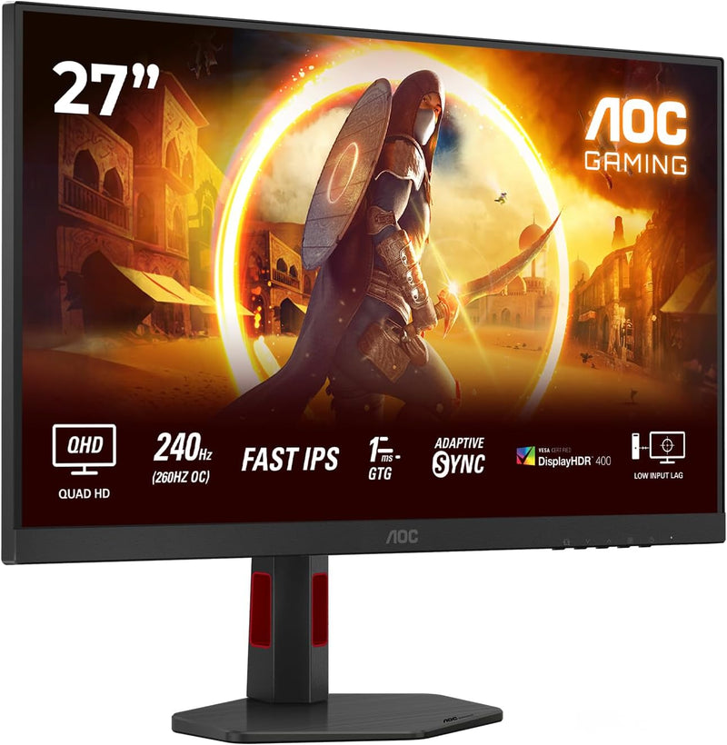 AOC Gaming Q27G4ZR - Monitor Quad HD de 27 pulgadas, 240 Hz, 1 ms, G-Sync, HDR400 (2560 x 1440, 2X HDMI 2.0, DisplayPort 1.4) Negro-Rojo