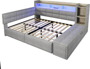 Sofá cama, 140 × 190 cm, con dos cajones, puertos USB y tipo C, compartimento de almacenamiento, banco de almacenamiento en el piecero, tira de luz LED, sin colchón, terciopelo, gris