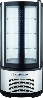 Vitrina refrigerada METRO Professional GRV1100, para hostelería, acero inoxidable/vidrio, 100 L, refrigeración por aire forzado, 490 W, indicador de temperatura,  descongelación automática, redonda, plateada, clase climática 6