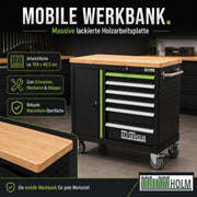 TRUTZHOLM Carro de herramientas vacío Deluxe, carro de taller con 6 cajones y compartimento con puerta, armario de herramientas con cerradura y ruedas con encimera de madera maciza, banco de trabajo móvil 108 x 46,5 x 77 cm, verde/negro