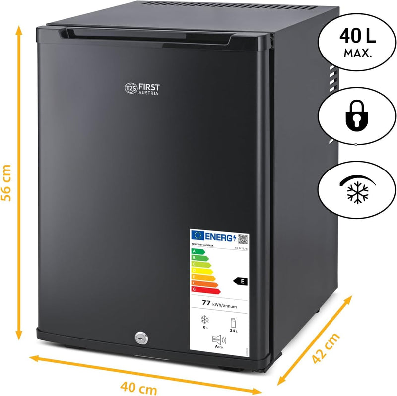 TZS First Austria - Mini refrigerador de 40L silencioso con cerradura - Pequeña mininevera con puerta reversible y luz interior - Minibar para camping, oficina, dormitorio y hotel - Negro mate