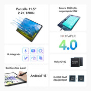 TCL NXTPAPER 11 Plus con funda abatible y lápiz óptico T-Pen, pantalla NXTPAPER 4.0 de 11,5" 2.2K, inteligencia artificial integrada, memoria interna de 256 GB, ampliación de RAM de 8 GB + 8 GB