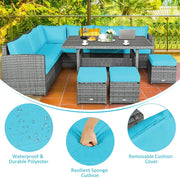 Conjunto de muebles de comedor para patio de 7 piezas de ratán con sofá seccional, mesa de comedor, otomanas y cojines