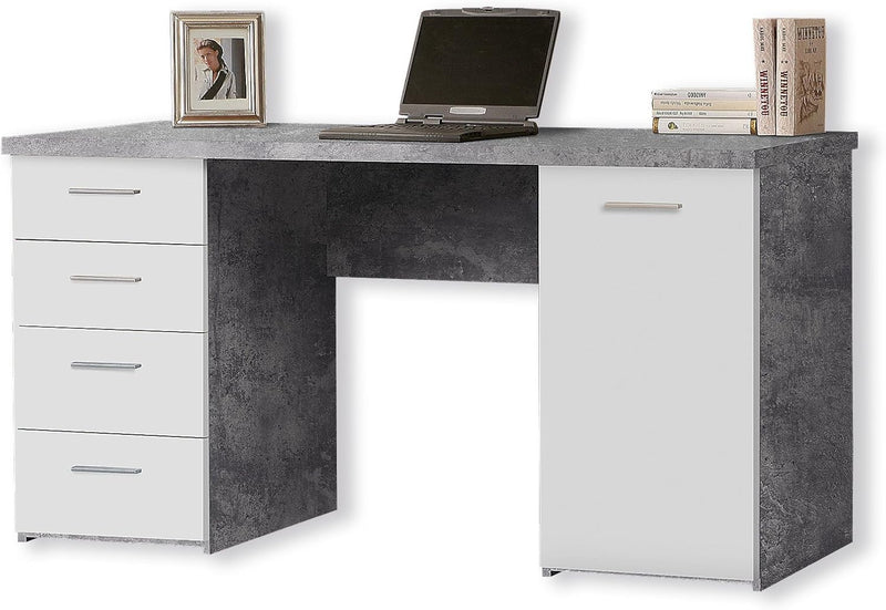 Escritorio Forte NET106 140 150, escritorio con 4 cajones y 1 puerta, oficina en casa, despacho, mesa de ordenador, madera reconstituida, efecto hormigón gris claro / blanco, 145 cm de ancho x 60 cm de profundidad x 76,3 cm de alto