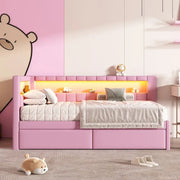 Cama con plataforma tapizada con puertos USB e iluminación LED - Base de cama matrimonial/individual con 2 cajones de almacenamiento - Dormitorio moderno