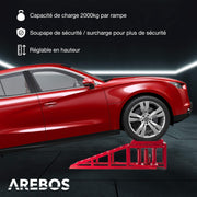 Arebos Juego de 2 rampas de acceso con gato hidráulico de 2 T | Elevador de coches XXL | Ancho de acceso de 257 mm | Plataforma elevadora con válvula de seguridad | Altura ajustable | Rojo