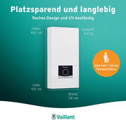 Calentador de agua eléctrico instantáneo Vaillant, VED E 18/8, resistente a la presión, 18 kW, 400 V, temperatura de salida exacta al grado, regulación continua, pantalla digital, 0010023777