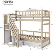 Litera 90x200 para 2 niños, cama alta infantil con escalera, armario de almacenamiento y cajón, cama funcional, litera, cama alta juvenil con 2 somieres, madera maciza, sin colchón, color madera